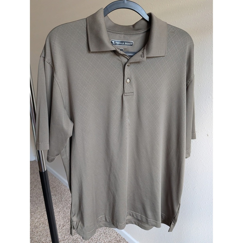 Pebble Beach Performance Mens Large Polo Shirt Taupe Brown Diamond Grid Golf Tee
